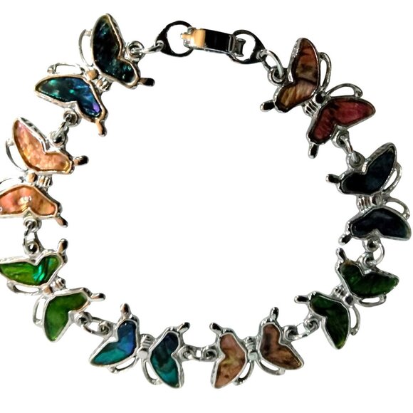 Butterfly Bracelet Multicolor Inlays Silver Tone 7 Inch - Picture 2 of 5